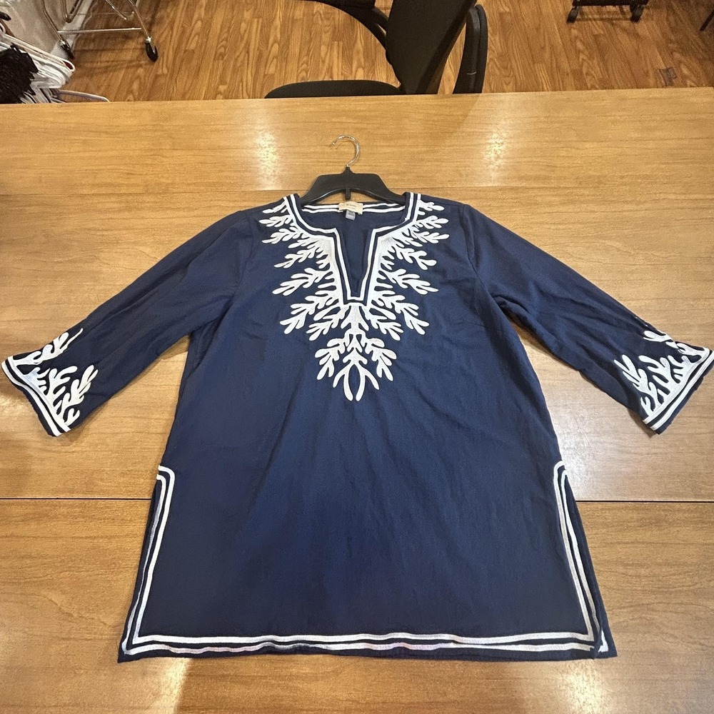 Elie Tahari Tunic Shirt Womens Medium Blue 100% Cotton Embroidered Boho Beach
